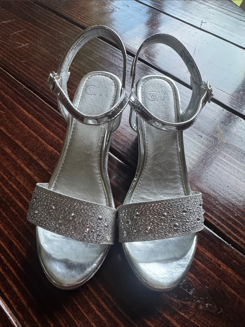 CCM Silver Girls' Sparkle Strap Wedge Heel Dress Sandals